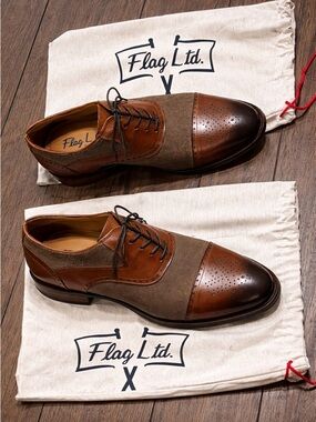 Flag Ltd Mens 9.5 Brown Leather Oxford Cap Toe Mixed Material Dress Shoes Luxury